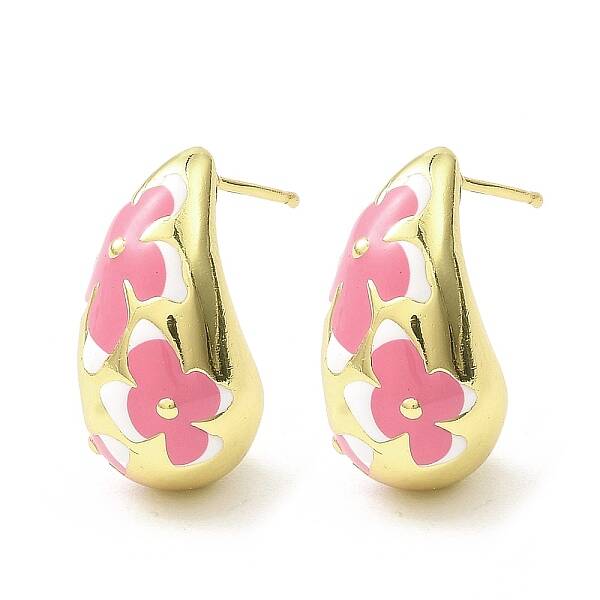 Teardrop with Flower Real 18K Gold Plated Brass Enamel Stud Earrings