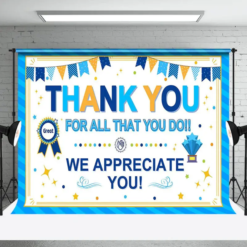 Aperturee Blue Stripe White Metal We Appreciate You Backdrop - Aperturee