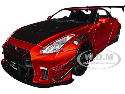 Nissan GT-R (R35) Liberty Walk Body Kit 2.0 RHD (Right Hand Drive) Red Metallic with Carbon Hood Pink Slips Series 1/18 Die...