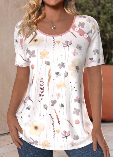 Modlily White Button Floral Print Short Sleeve T Shirt - XXL