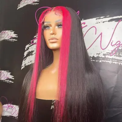 hot pink Highlight Lace Front Wigs Skunk Stripe Straight Hair Ashimary