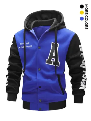 Men's Colorblock Letter Print Drawstring Button Front Hooded Jacket, Regular Fit Casual Pocket Long Sleeve Outerwear For Spri...