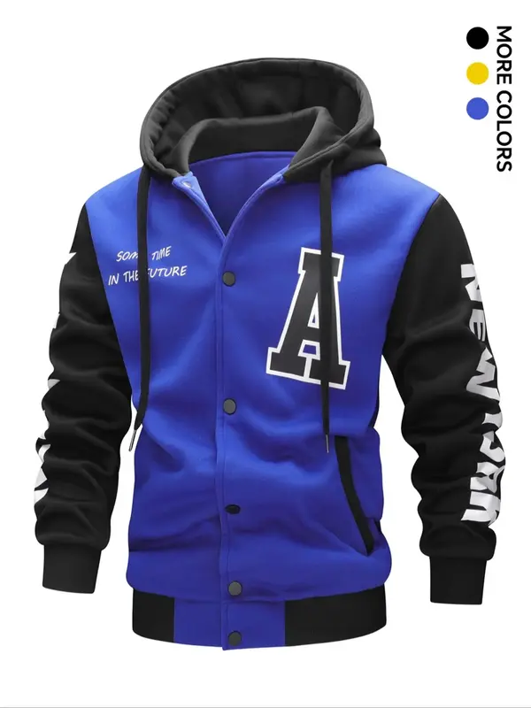 Men's Colorblock Letter Print Drawstring Button Front Hooded Jacket, Regular Fit Casual Pocket Long Sleeve Outerwear For Spri...