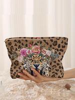 Fashion Leopard & Flower Pattern Makeup Bag, Elegant Clutch, Casual Versatile Storage Bag, Travel Makeup Bag, Suitable for...