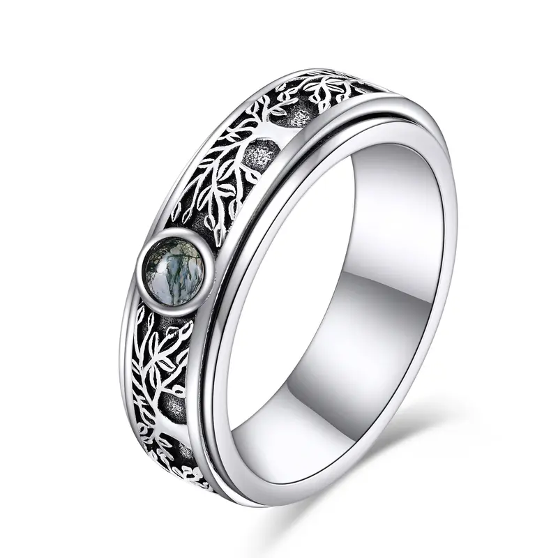 Sterling Silver Moss Agate Tree Of Life Spinner Ring