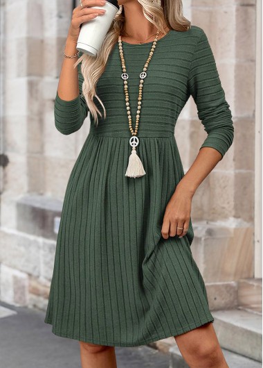 Modlily Sage Green Tummy Coverage Long Sleeve Round Neck Dress - S