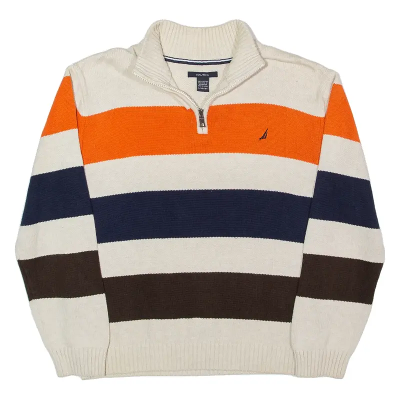 NAUTICA Patterned Jumper Orange Stripe Tight Knit 1/4 Zip Boys L