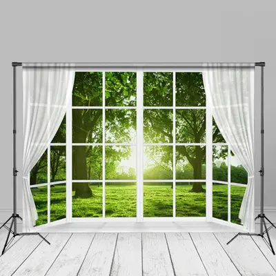 White Window Green Grass Sunshine Spring Backdrop - Aperturee