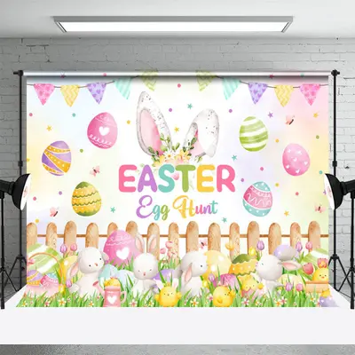 Egg Hunt Rabbit Plants Wooden Fence Easter Backdrop - Aperturee