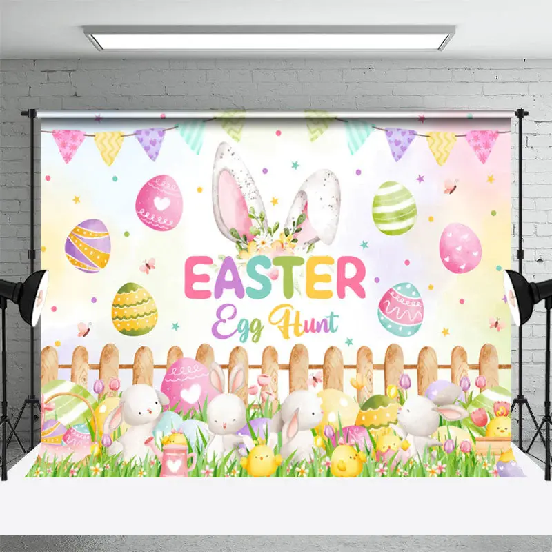 Egg Hunt Rabbit Plants Wooden Fence Easter Backdrop - Aperturee