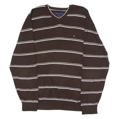 TOMMY HILFIGER Mens Patterned Jumper Brown Striped V-Neck Tight Knit XL