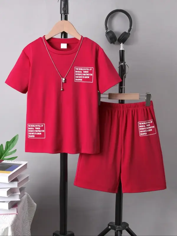 Two-piece Set Boy's Letter Print Short Sleeve Tee & Track Shorts Set, Casual Round Neck T-shirt & Shorts for Summer, Kids Clo...