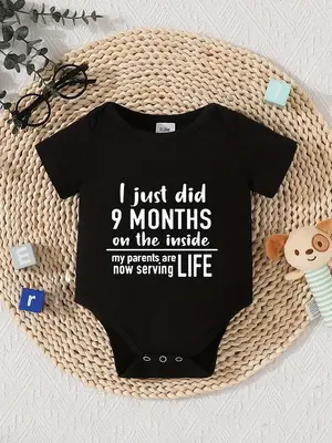 Baby Boy's 'I Just Did 9 Months' Print Cotton Bodysuit - Casual Short Sleeve, Round Neck, Button Detail, Unisex, Summer, Fitt...