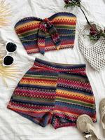 Women's Striped Pattern Crop Tube Top & High Waist Shorts Set, Casual Fashion Boho Cozy Two Piece Set for Daily Outdoor Wear,...