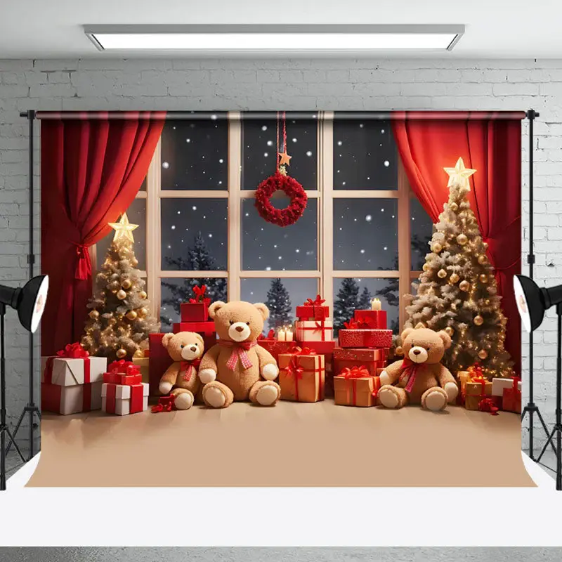 Aperturee Red Curtain Window Teddy Bear Snow Christmas Backdrop