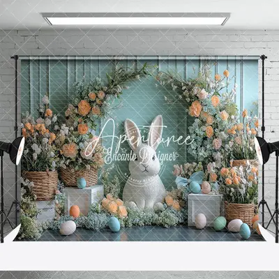 Aperturee Green Wall Bloom Floral Bunny Eggs Easter Backdrop, 3X2FT(1MX0.6M), 14 USD, easter backdrops, ENHD3J51-M