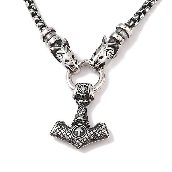 304 Stainless Steel Wolf Head King Box Chain Viking Mjolnir Thor Hammer Pendant Necklaces for Men