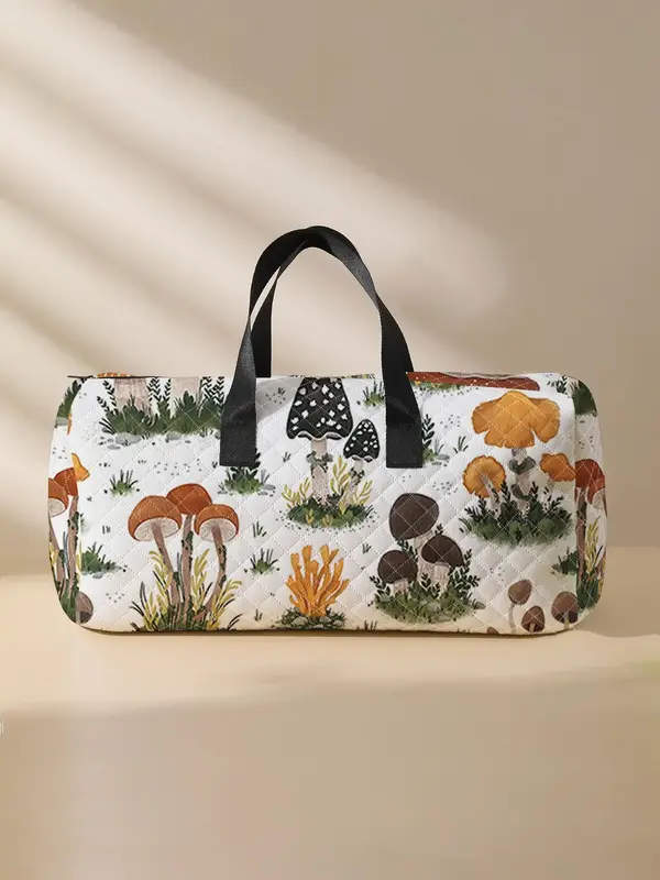 Mushroom Pattern Quilted Fabric Tote Bag, Large Capacity Travel Duffle Bag, Portable Overnight Bag with Shoe Storage, Fashion...