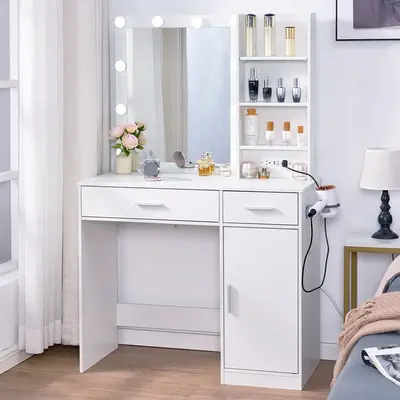 Senbonry Makeup Vanity Desk with Mirror and 3-Color Adjustable LED Lights,Power Outlet,Drawers,Large Cabinet,Tabletop Display...