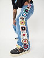Floral Crochet Baggy Jeans Ripped Distressed Jeans Hip Hop Straight Leg Denim Pants Streetwear
