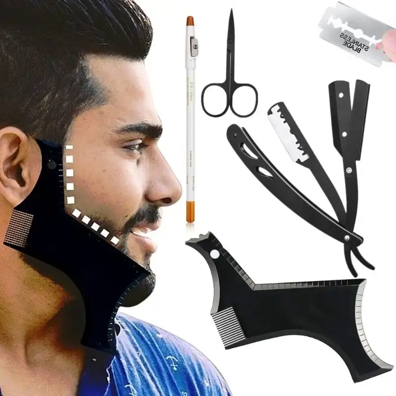 5pcs Beard Shaping Tool, Beard Shaper - Include Professional Straight Edge Razor, Beard Template, Double Edge Blades, Barber ...