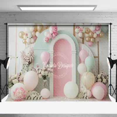 Green Pink White Balloons Floral Cake Smash Backdrop - Aperturee