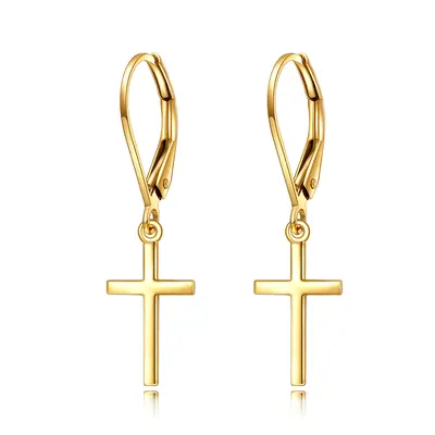Sterling Silver with Yellow Gold Plated Cross Lever-back Earrings