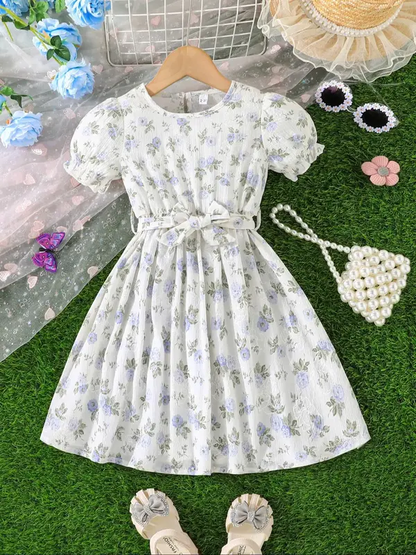 Girl's Floral Print Dress with Belt, Elegant Short Sleeve Round Neck Dress for Summer, Kids Clothes for Daily Wear