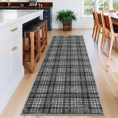 Garvee Washable Tartan Plaid Runner Rug Non-Slip Stain Resistant Pearl Velvet Soft Low Pile Grey for Hallway Kitchen Bathroom