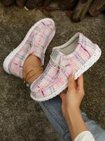 Women's Fashionable Plaid Pattern Lace Up Low Top Flat Sneakers, Casual Comfortable Round Toe Fall Shoes for Women for Daily ...