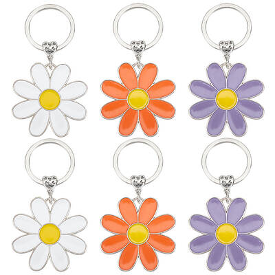 6Pcs 3 Colors Daisy Alloy Enamel Pendant Keychain