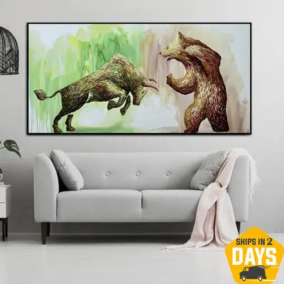Abstract Bear vs Bull Painting on Canvas Colorful Animals Original Impasto Artwork for Office Decor | RAISED RISKS 36"x7...