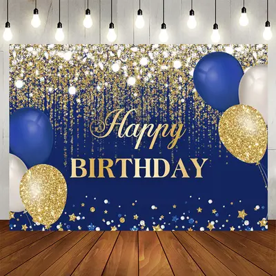 Aperturee 7X5FT Blue Gold Balloons Glitter Birthday Backdrop