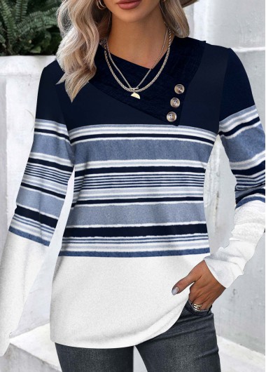Modlily Navy Patchwork Striped Long Sleeve Asymmetrical Neck T Shirt - XXL
