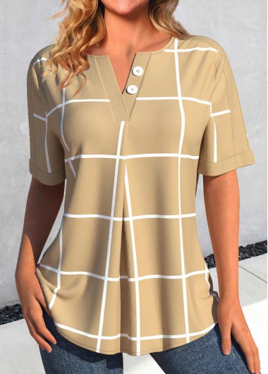 Modlily Light Camel Button Plaid Short Sleeve Split Neck Blouse - XL