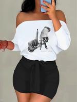 Women's Hand Print Off Shoulder Crop Top & Skinny Shorts Two-piece Set, Casual Fashion Cozy Top & Shorts for Daily Outdoor We...