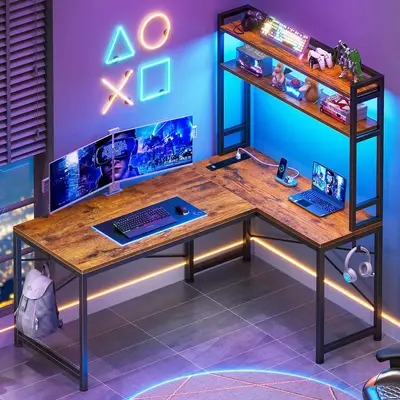 SEDETA L Shaped Desk with Hutch, 45.3” Reversible Home Office Desk, L Shaped Gaming Desk with LED Lights, Power Outlet Mode...