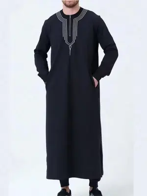 Men's Embroidery Pocket Zipper Robes, Loose Casual Long Sleeve Round Neck Robes for Spring & Fall, Fashion Muslim Clothing fo...