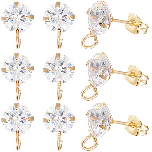 Beebeecraft 1 Box 10Pcs Stud Earring Findings 18K Gold Plated Cubic Zirconia Earrings with 2mm Hole for DIY Earring Jewelry M...