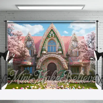 Lovly Pink House Sakura Tree Eggs Easter Backdrop - Aperturee