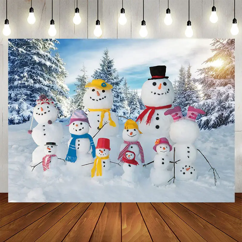 Cute Snowman Snowy Forest Sunshine Party Backdrop - Aperturee