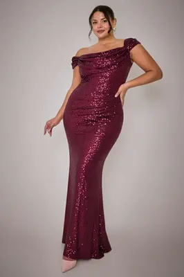 Goddiva Plus Cap Sleeve Iridescent Sequin Cowl Maxi Dress - Burgundy Red