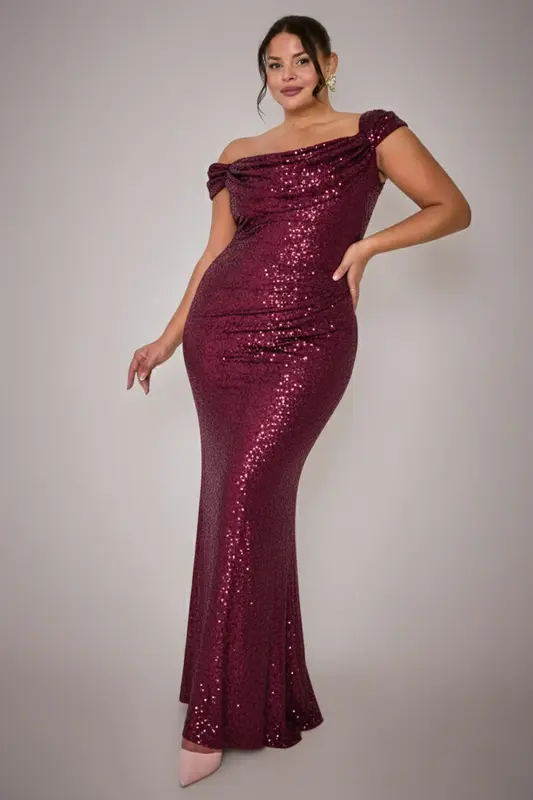 Goddiva Plus Cap Sleeve Iridescent Sequin Cowl Maxi Dress - Burgundy Red