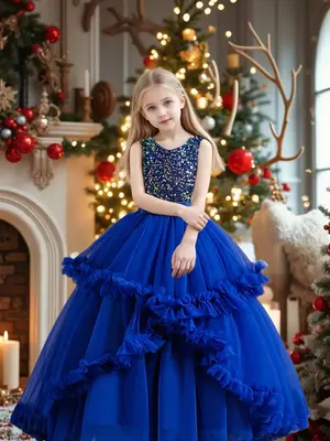 Girl's Glitter Ruffle Trim Tulle Dress, Elegant Contrast Mesh Satin Party Dress for Evening Formal Occasions, Kids Clothes fo...