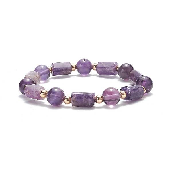 Natural Amethyst Column & Round Stretch Bracelet for Women