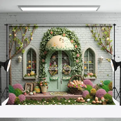 Green Brick Wall Door Egg Easter Photo Backdrop - Aperturee