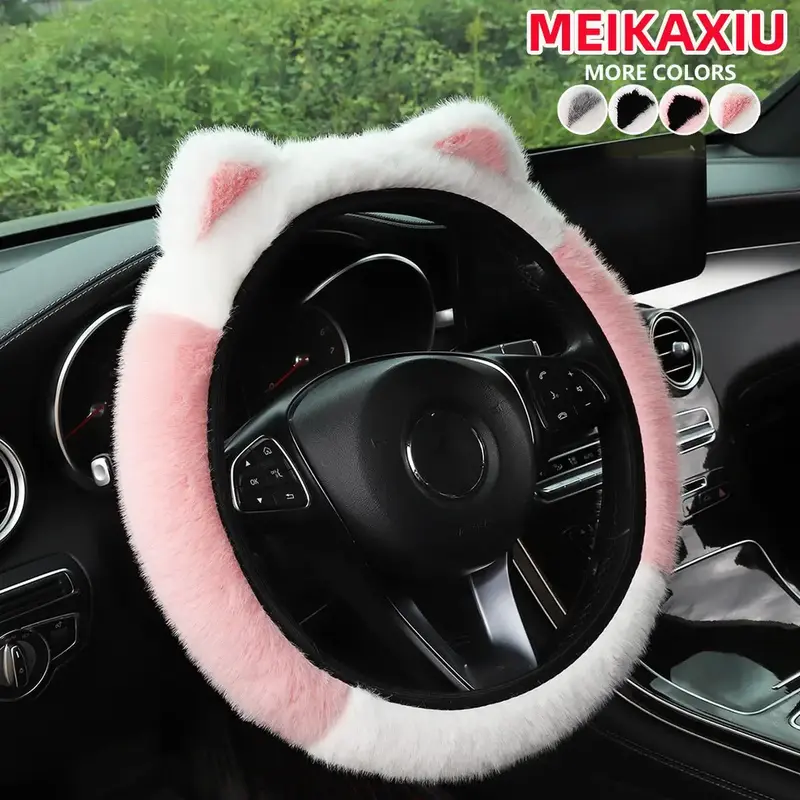 Cute Cat Ear Design Car Steering Wheel Cover, Winter Warm Plush Car Steering Wheel Protector, Car Interior Accessories for Wo...