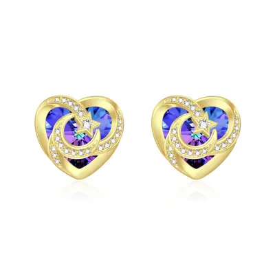 14K Gold Crystal Heart & Moon & Star Stud Earrings for Women