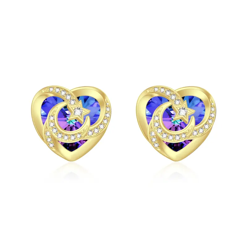 14K Gold Crystal Heart & Moon & Star Stud Earrings for Women