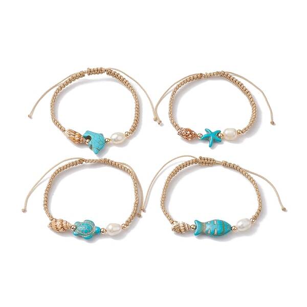 Natural Shell & Pearl & Synthetic Turquoise Braided Bead Bracelets